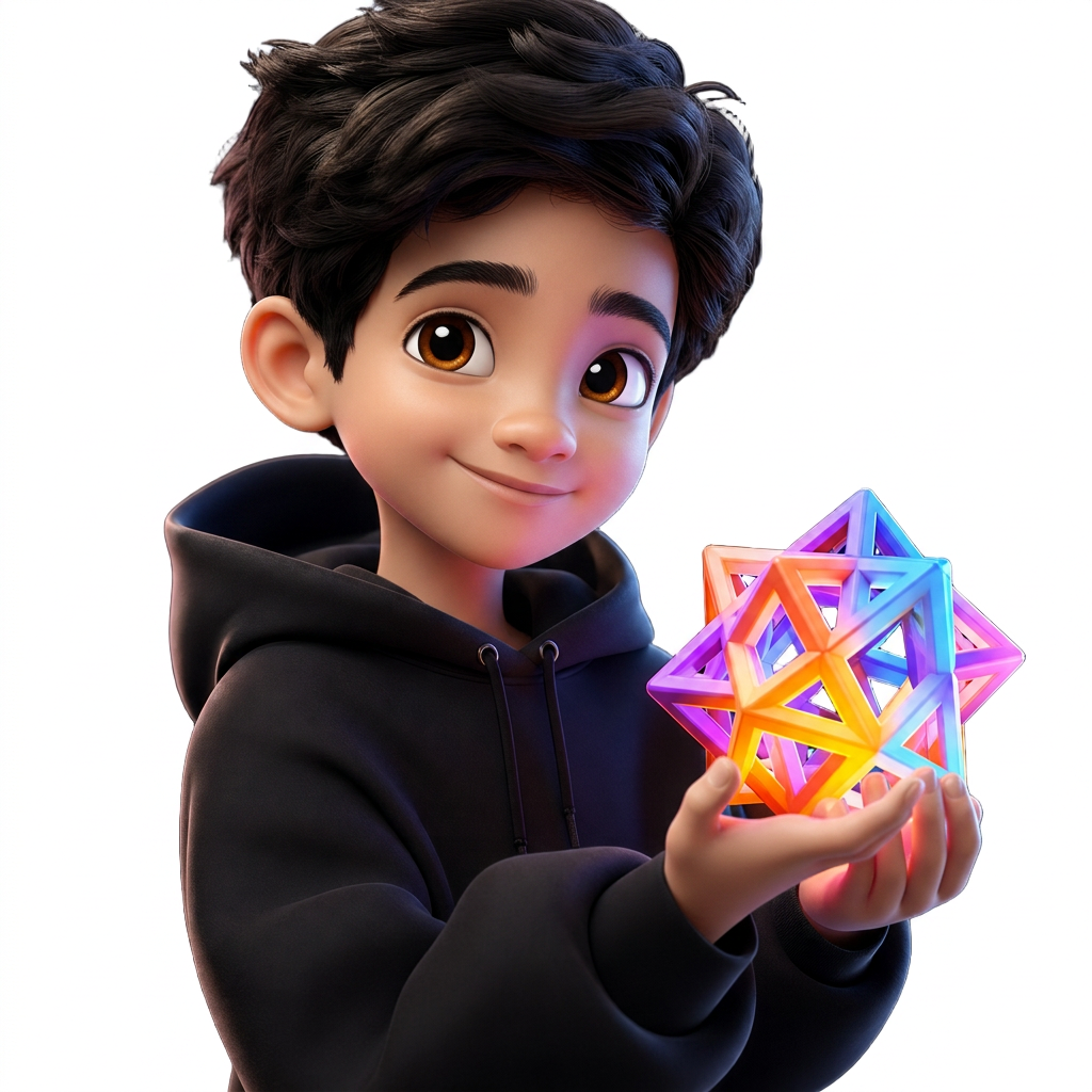 3D illustration of Shaanzeb holding a colorful 3D-printed creation
